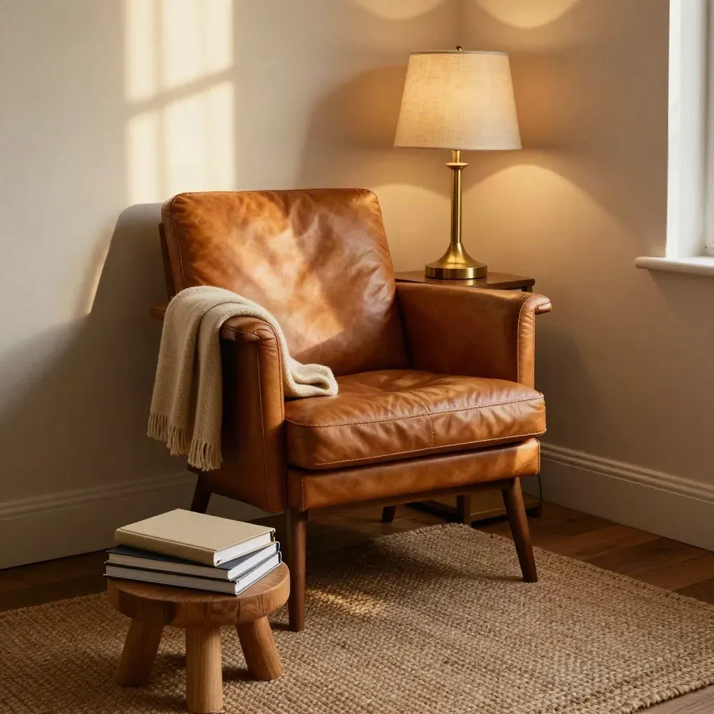 Cozy coachingshoek met leren stoel, sandkleurige plaid, lamp en gesloten journals in warm avondlicht.