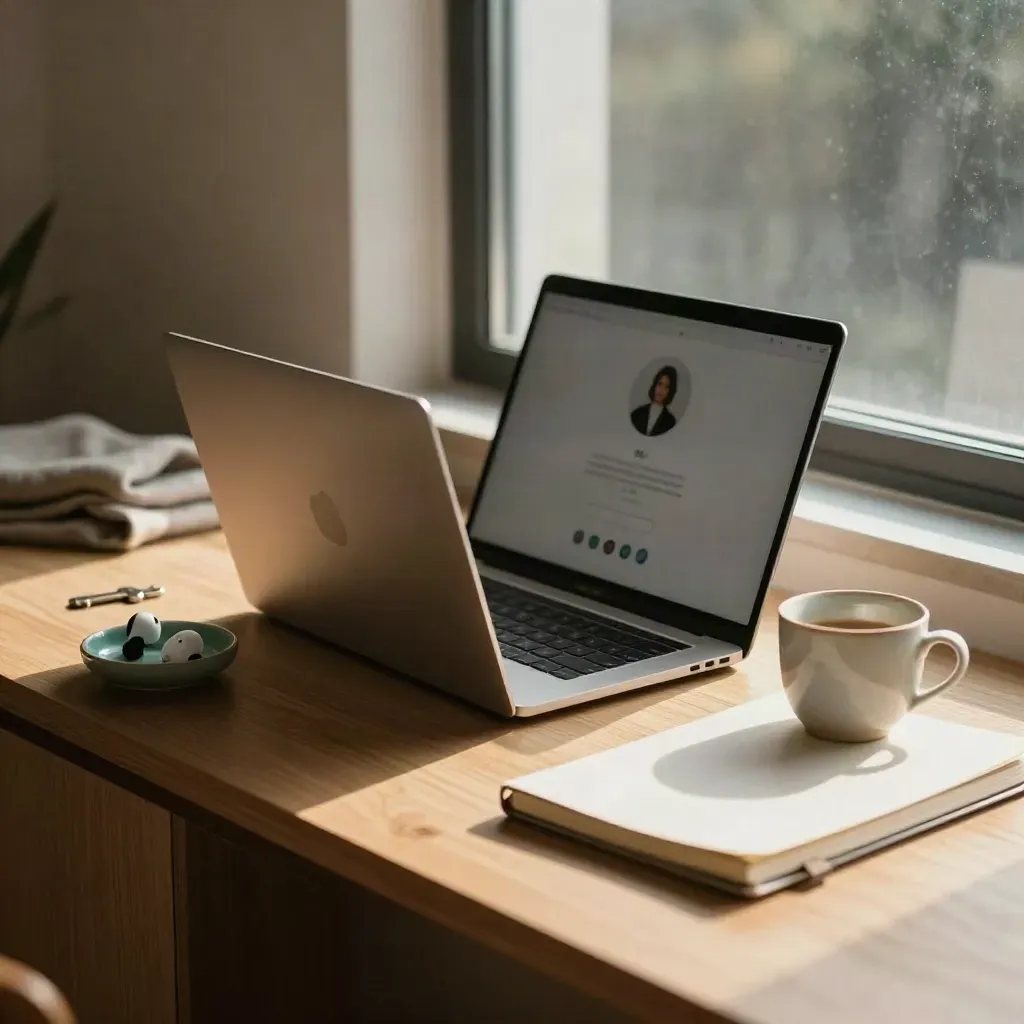 Rustige werkhoek met laptop, oordopjes, notitieboek en koffiekopje bij het raam