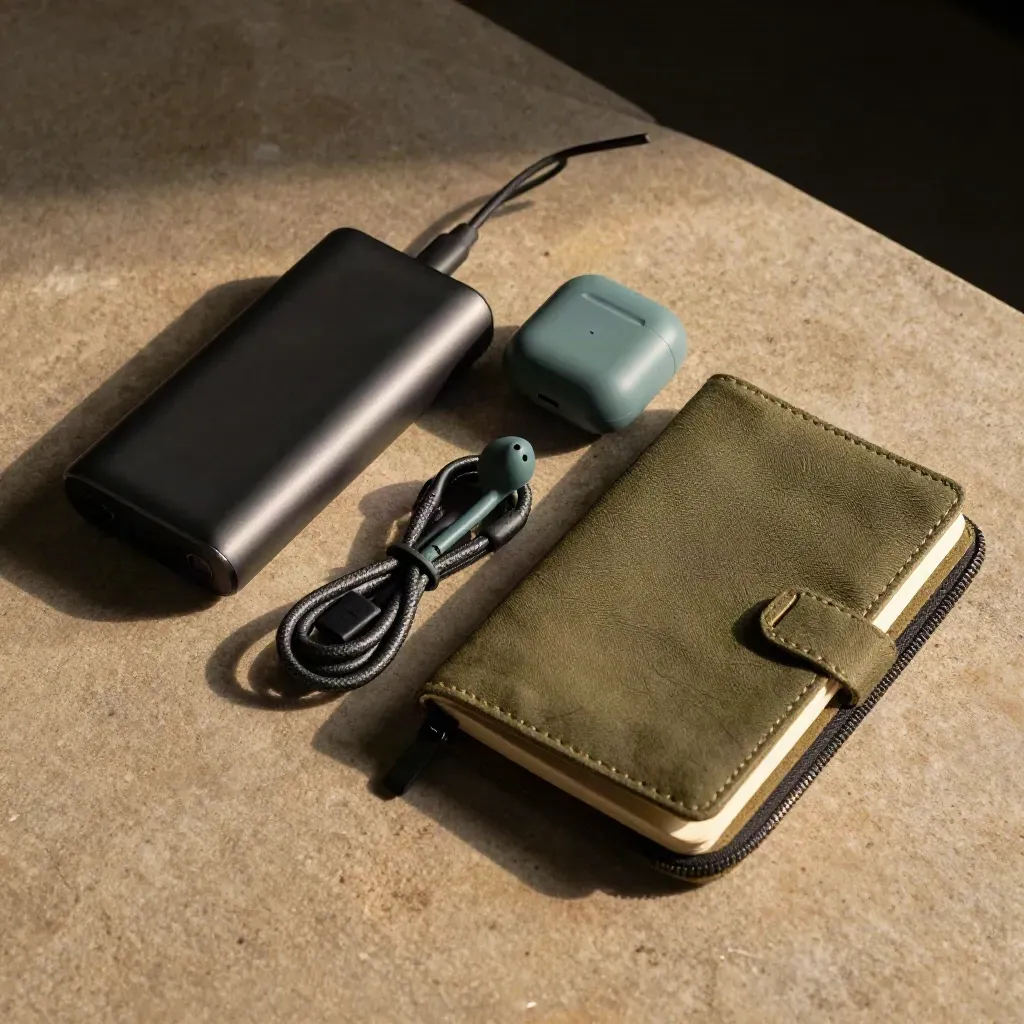 Open techpouch met powerbank, oortjesdoosje, kabel en notitieboek in bovenaanzicht.