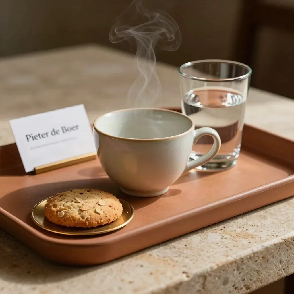 Tray met thee, water, biscuit en koperen onderzetter in rustige intake-setting.